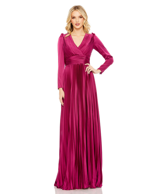 Ieena Duggal - 26542I Long Sleeve Pleat-Ornate Gown
