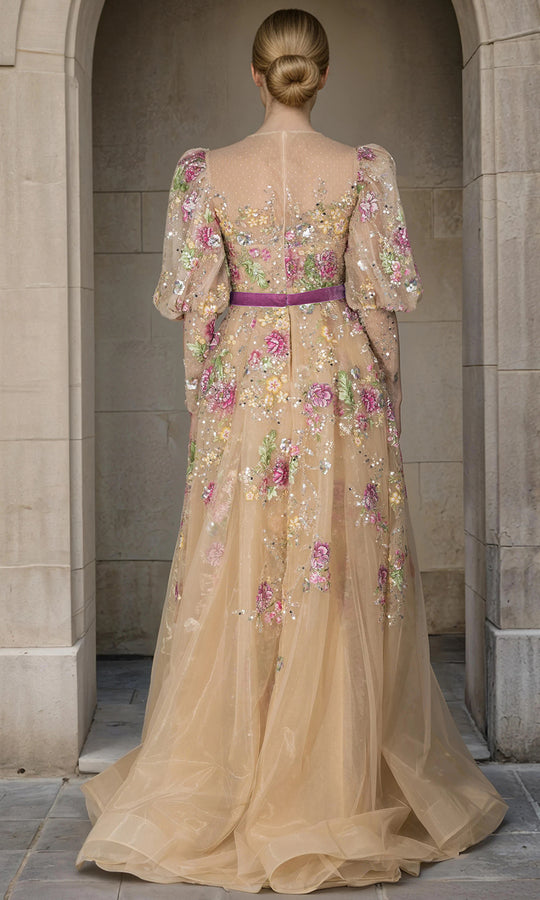 Janique 268003 - Floral Bishop-Sleeve A-Line Evening Gown
