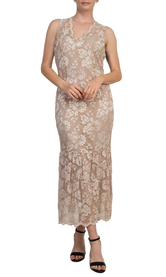 Marina 268669 - Scalloped Lace V-Neckline Midi Dress