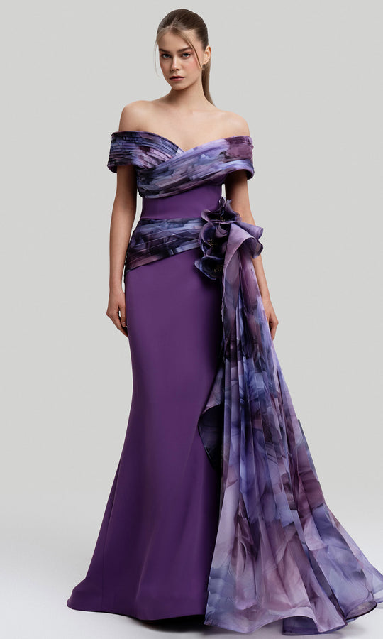 MNM COUTURE 2692A - Off Shoulder Pleated Floral Evening Gown