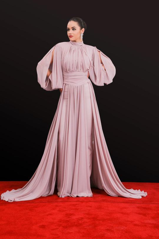 MNM Couture 2706A - High Neck Puff Sleeve Jumpsuit Gown