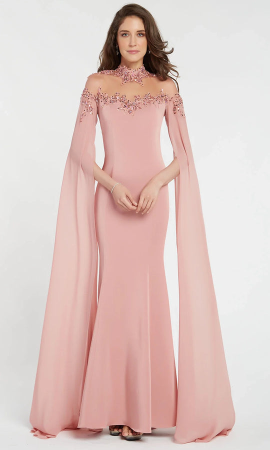 Alyce Paris 27173 - High Neck Crepe Dress with Cape Sleeves