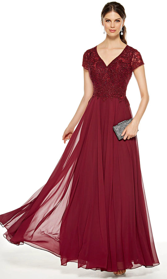 Alyce Paris 27389 - Lace Appliqued V-Neck Chiffon Gown