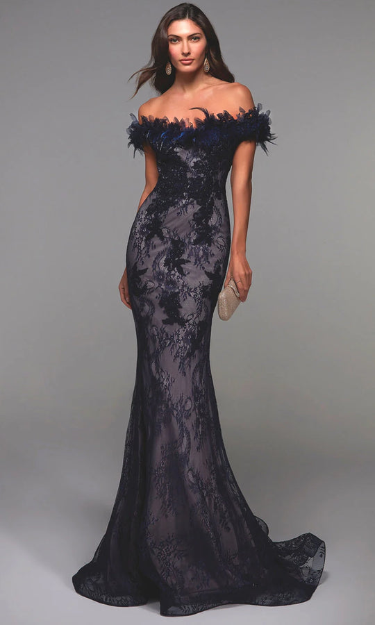 Alyce Paris 27490 - Feathered Off Shoulder Lace Dress