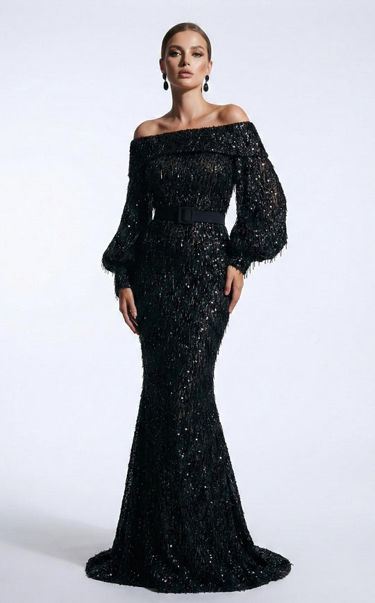 MNM COUTURE 2752A - Bishop Sleeve Sparkle Mermaid Evening Gown
