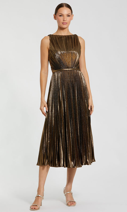 Ieena Duggal 27611 - Bateau Metallic Pleated Tea-Length Dress