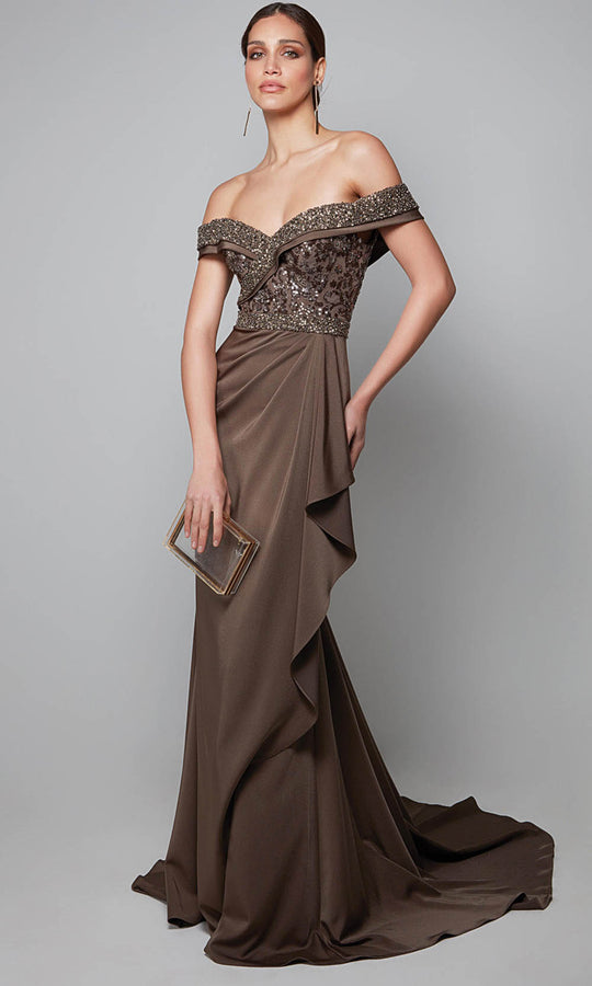 Alyce Paris 27619 - Beaded Top Off Shoulder Draped Dress