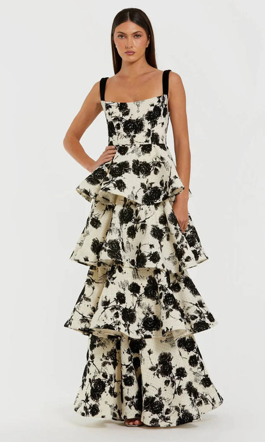 Ieena Duggal 27710 - Floral Boucle Tiered Ruffle Evening Gown