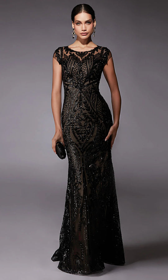 Alyce Paris 27716 - Patterned Sequin Fitted Gown with Cap Sleeves