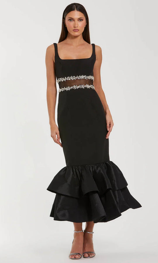 Ieena Duggal 27719 - Beaded Illusion Waist Crepe Tea-Length Dress