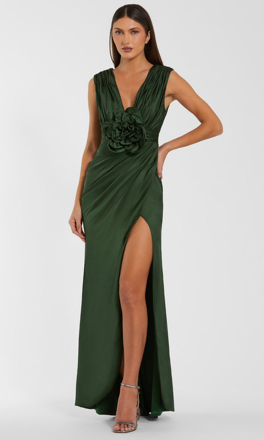 Ieena Duggal 27728 - 3D Floral Accent Plunging Charmeuse Evening Gown