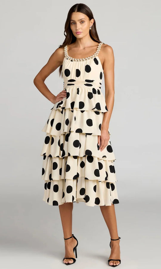 Mac Duggal 27736 - Pearl Trim Neckline Polka Dot Midi Dress