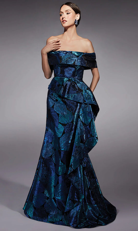 Alyce Paris 27736 - Jacquard Asymmetric Peplum Evening Dress