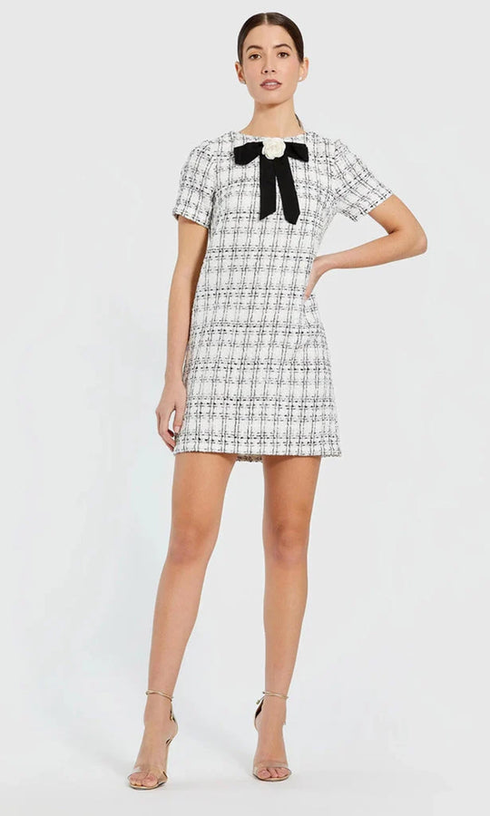 Mac Duggal 27796 - Short Sleeve Boucle Dress with Floral Bow