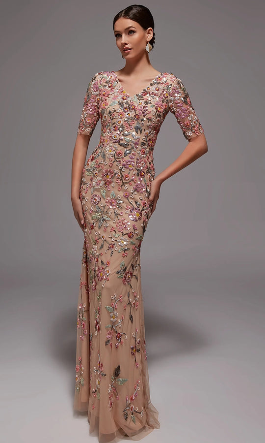 Alyce Paris 27848 - Floral Applique Illusion Evening Gown