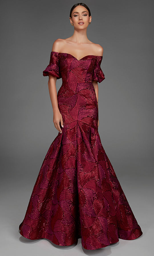 Alyce Paris 27889 - Geometric Texture Puff Sleeve Evening Gown