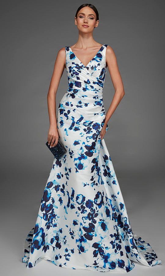 Alyce Paris 27917 - Floral Print Ruched V-Neck Evening Gown