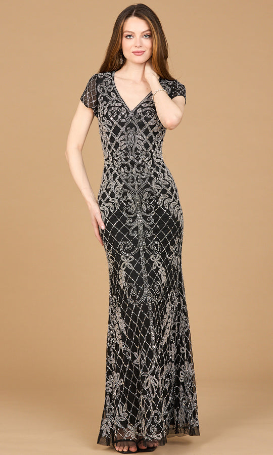 Lara Dresses 28865 - Beaded Lattice Cap Sleeve Column Gown