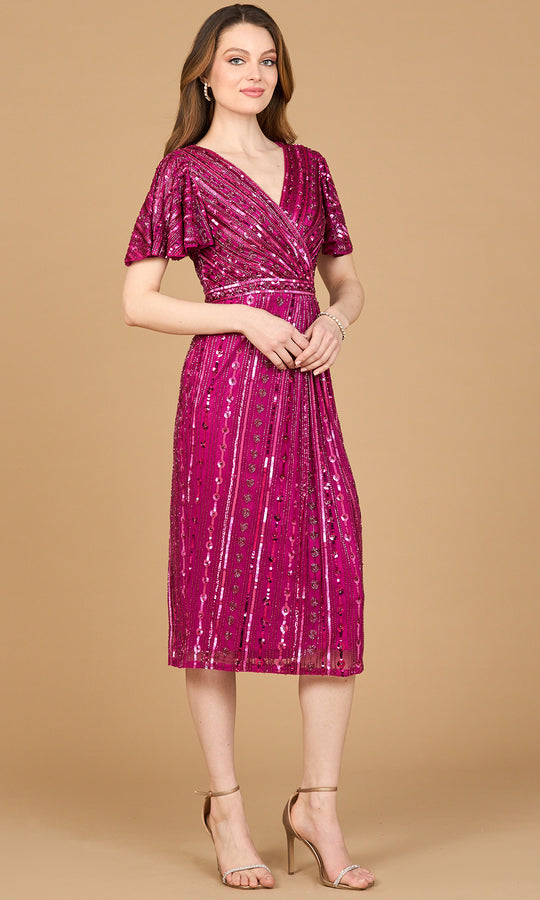 Lara Dresses 28902 - Flutter Sleeve Beaded Knee-Length Dress