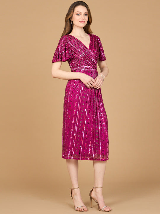 Lara Dresses 28902 - Flutter Sleeve Beaded Knee-Length Dress