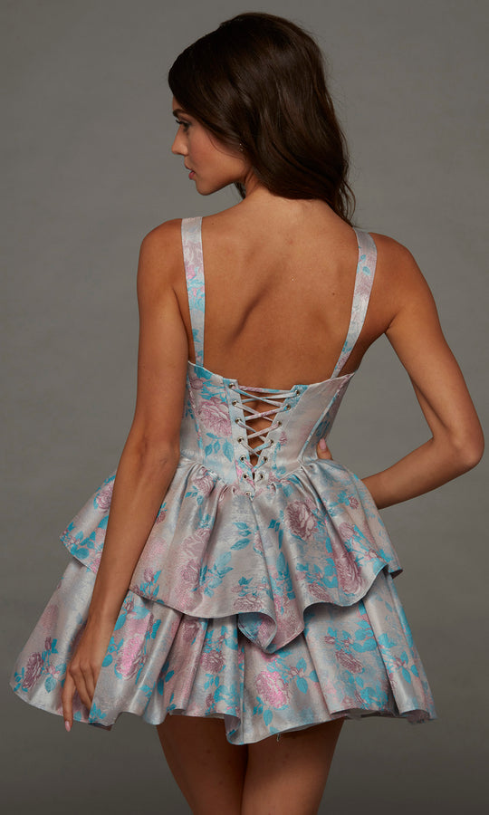 Alyce Paris 30102 - Floral Jacquard Basque Tiered Short Dress