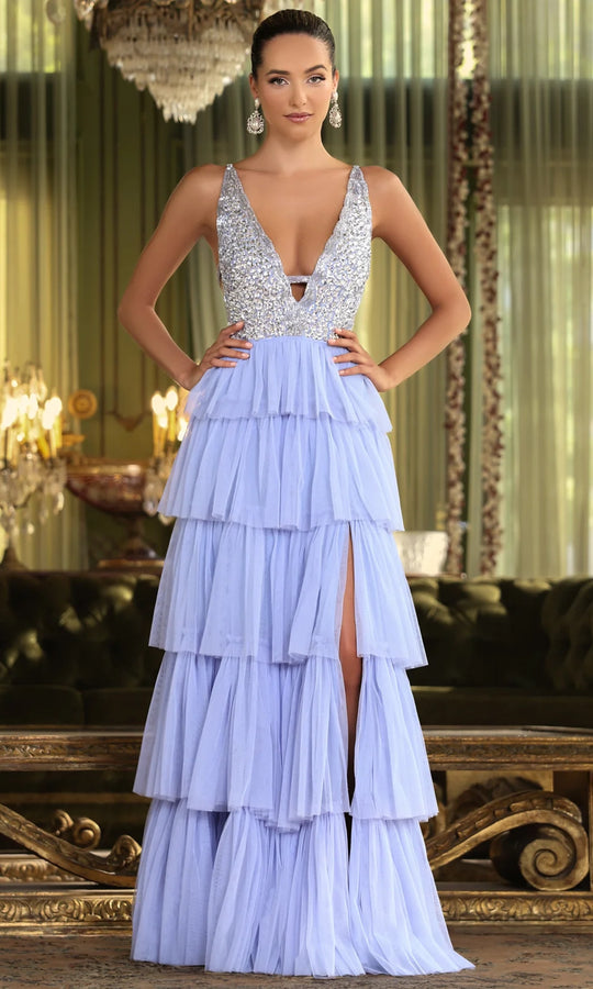 Chandalier 30242 - Beaded Plunging Neckline Layered Gown