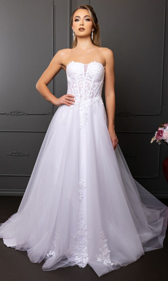 May Queen RQ8274 - Embroidered Illusion Neckline Wedding Gown