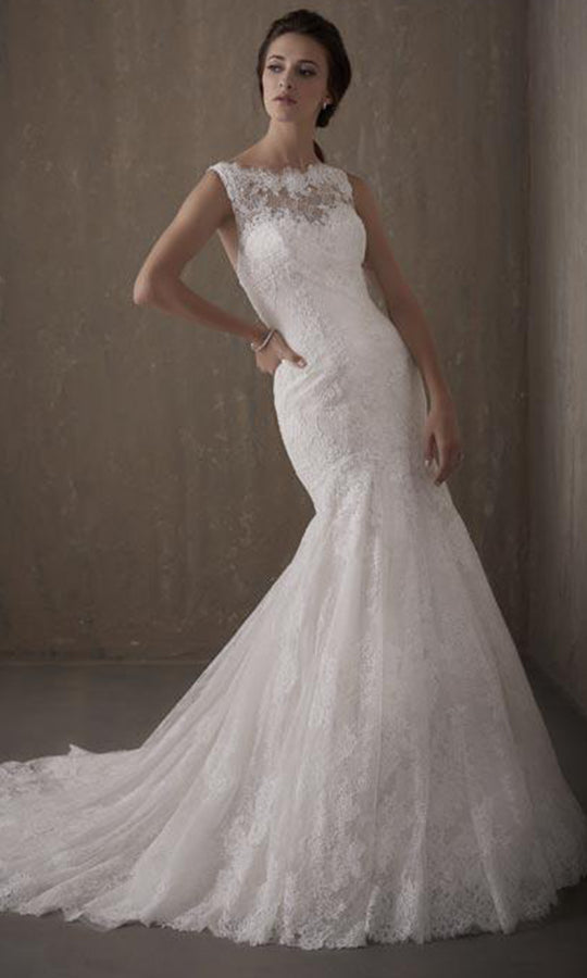 Adrianna Papell Platinum - 31013 Lace Drape Bateau Trumpet Bridal Gown