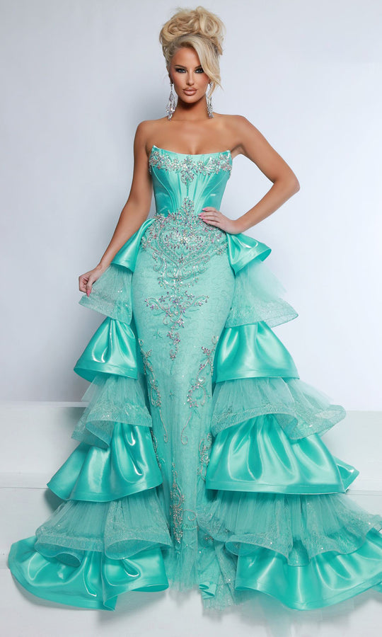 Johnathan Kayne 3142 - Scoop Neckline Tiered Overskirt Gown
