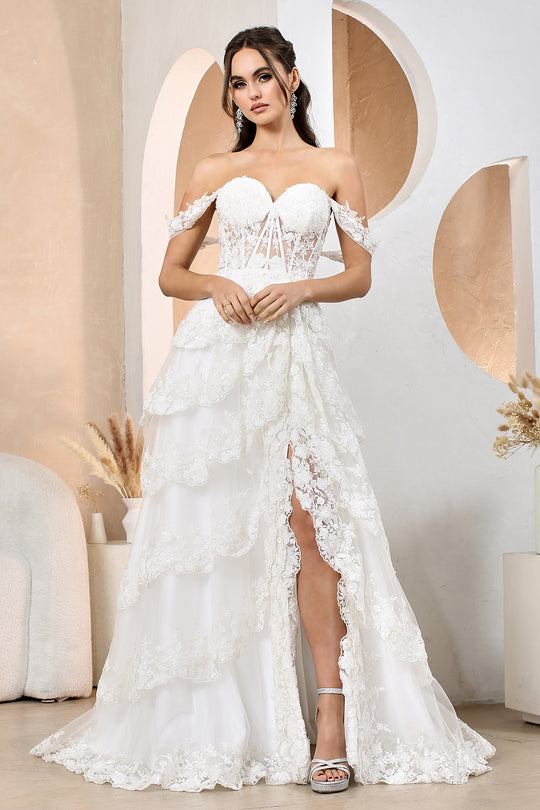 Adora Design 3174-01 - Scalloped Lace Tiered A-Line Bridal Dress