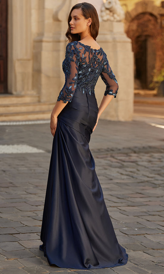 La Femme 31802 - Beaded Lace Three-Quarter Sleeve Gown