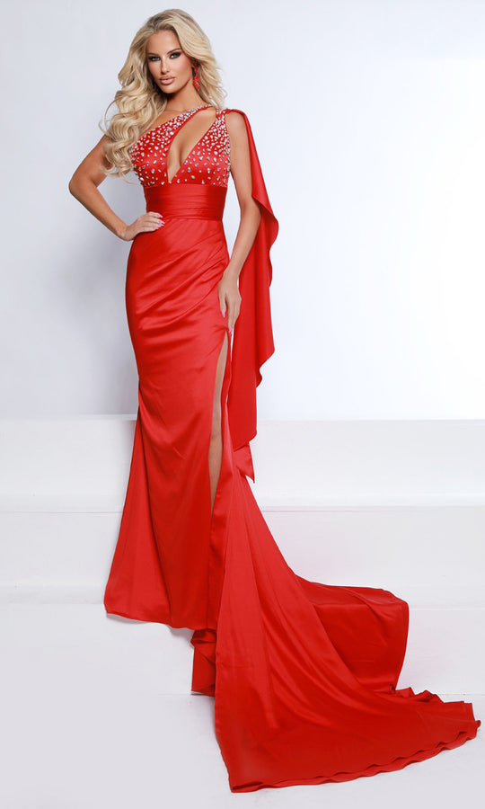 Johnathan Kayne 3195 - One Shoulder Cape Satin Sheath Gown