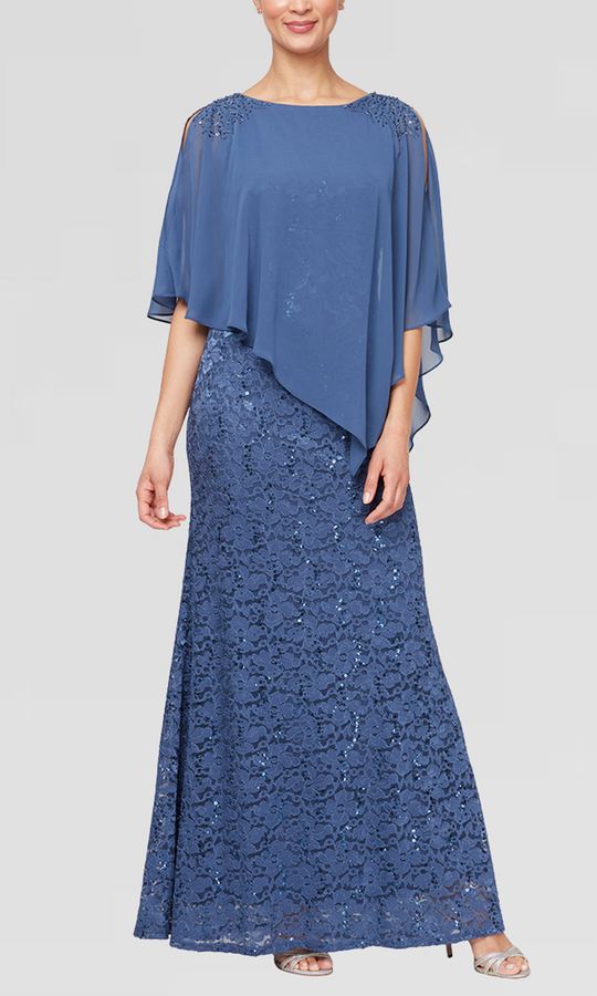 S.L. Fashions 9113121 - Floral Lace Gown with Asymmetric Overlay