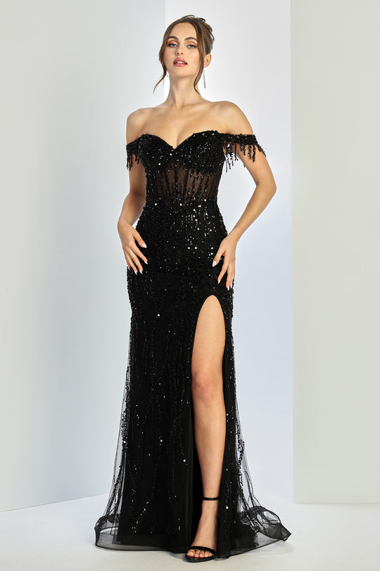 Adora Design 3238 - Off Shoulder Fringed Sleeve Prom Gown