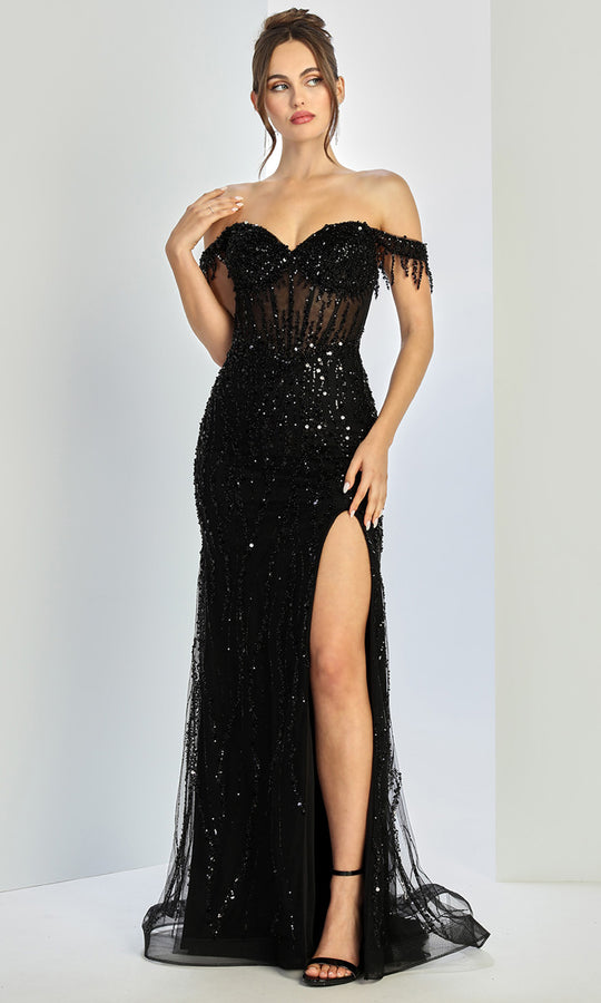 Adora Design 3238 - Off Shoulder Fringed Sleeve Prom Gown