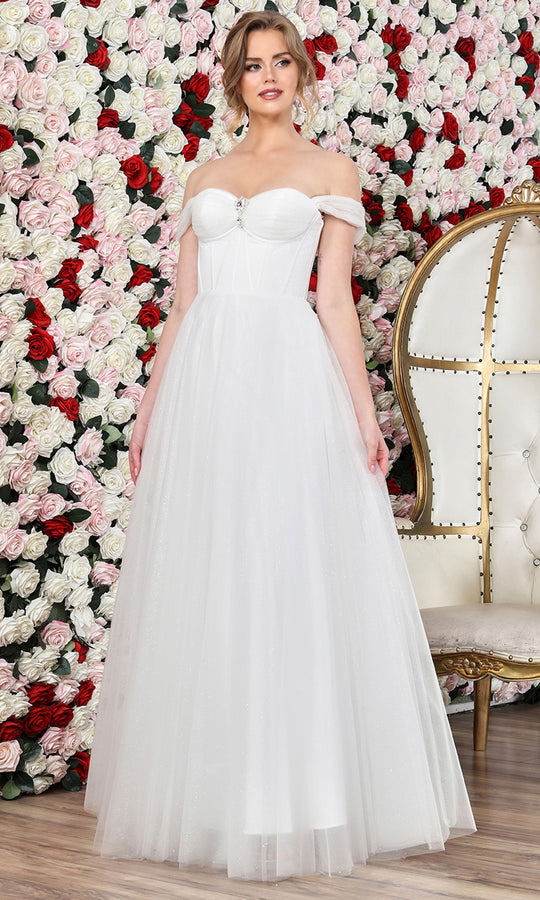 Adora Design 3244-01 - Off Shoulder Layered Dress with Beaded Brooch