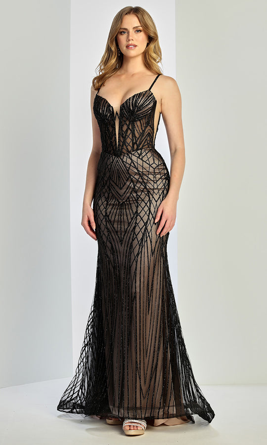 Adora Design 3300 - Spaghetti Strap Beaded Geometric Prom Gown
