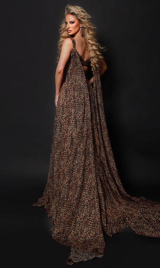 Johnathan Kayne 3318 - Leopard Cape Plunging A Line Gown
