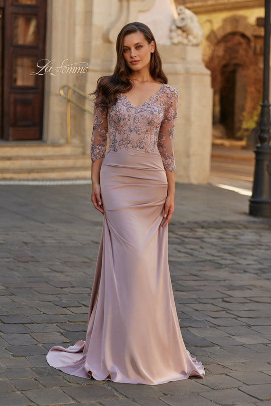 La Femme 33335 - Three-Quarter Sleeve Embroidered Illusion Gown