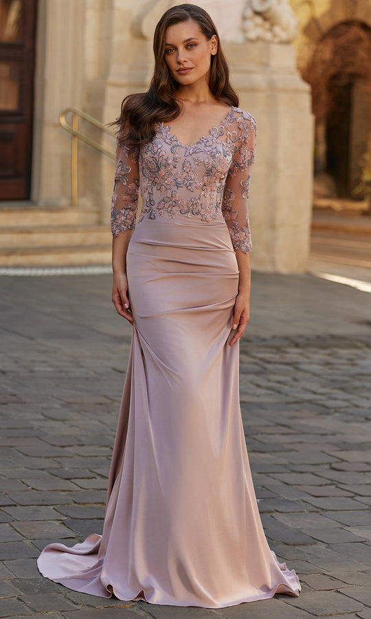 La Femme 33335 - Three-Quarter Sleeve Embroidered Illusion Gown