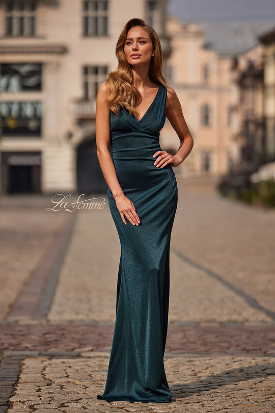 La Femme 33425 - Wide Strap V-Neck Metallic Fitted Gown