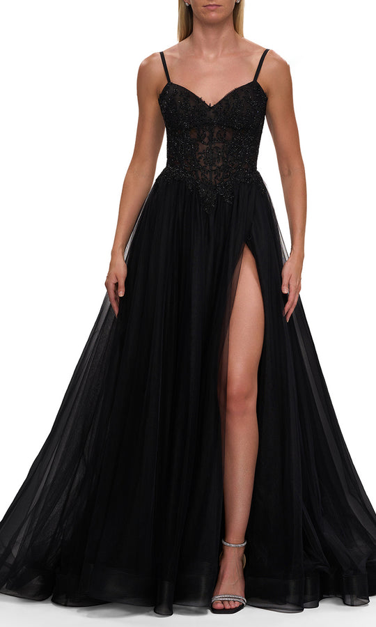 La Femme 33436 - Beaded Applique Basque A-Line Prom Gown