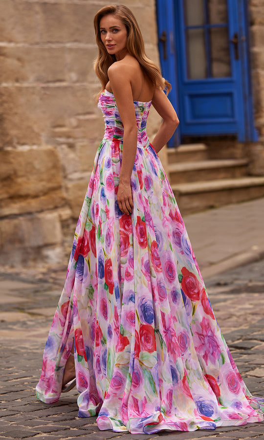 La Femme 33487 - Floral Print Ruched Corset Prom Gown