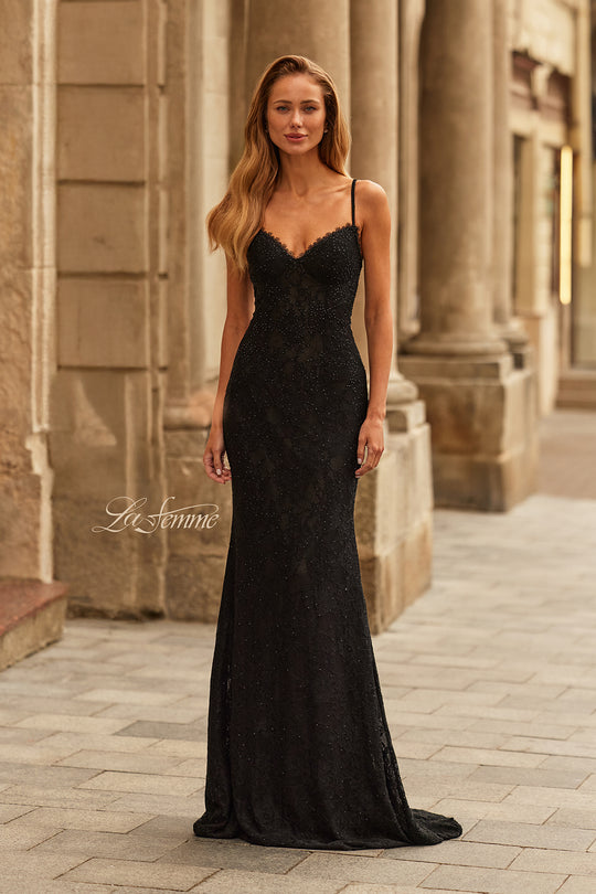 La Femme 33514 - Sleeveless Beaded Lace Sheath Gown