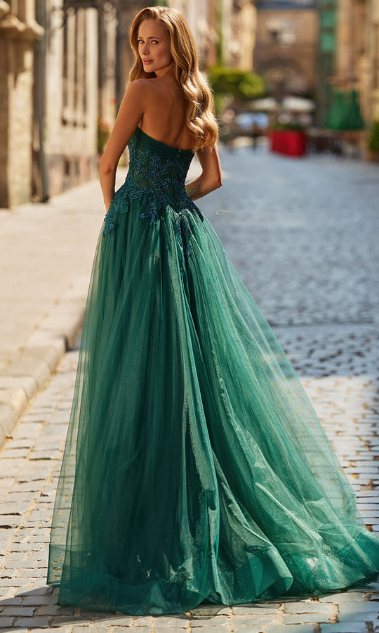 La Femme 33528 - Strapless Embroidered Corset Gown with Slit