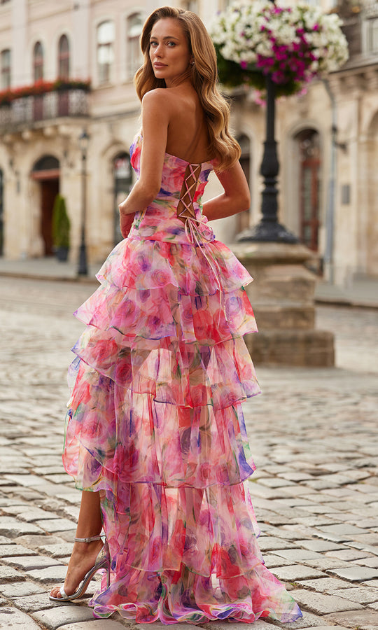 La Femme 33555 - Strapless Tiered Floral Print Prom Gown