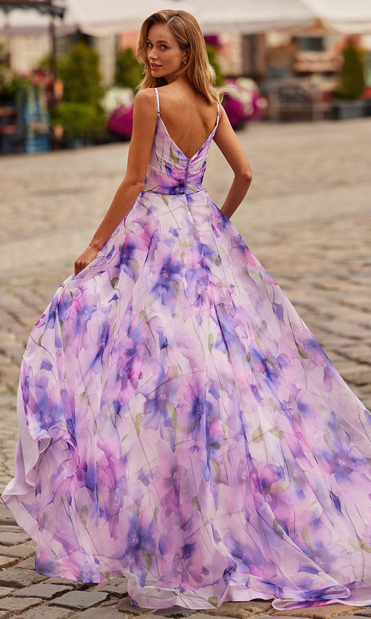 La Femme 33606 - Floral Print Plunging Neck Prom Gown with Slit