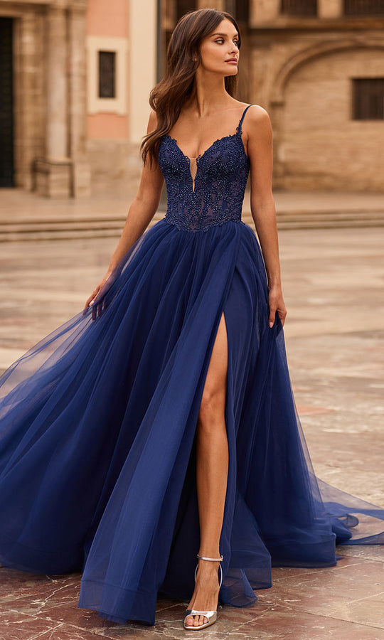 La Femme 33674 - Beaded Lace Plunge V Slit Prom Gown