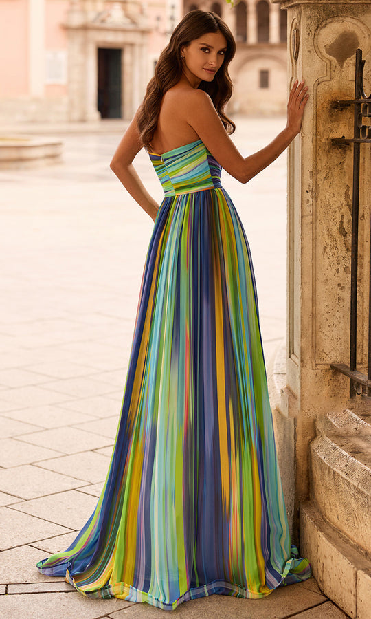 La Femme 33690 - Stripe Multicolor Print Strapless A-Line Gown