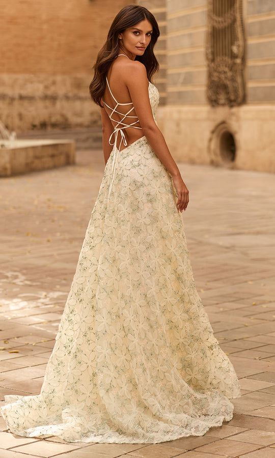 La Femme 33865 - Floral Lace Halter Slit Prom Gown
